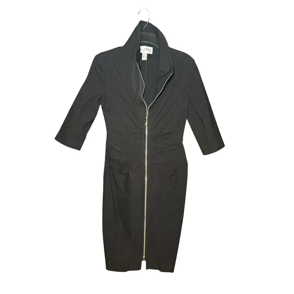Joseph Ribkoff Black Full Zip Ruched Sheath Dress 6 Monochrome Minimalist